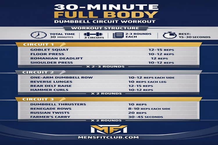 Infographic outlining 30 minute full body dumbbell circuit workout chart with exercises and reps.