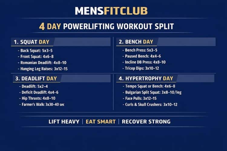 4 day powerlifting split weekly workout schedule and exercise chart.