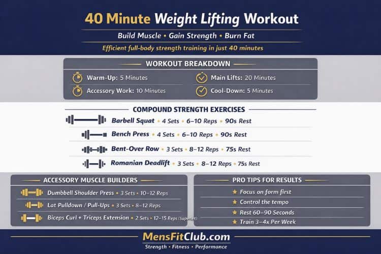 Infographic outlining the structure of the 40-minute weight lifting workout: warm-up, supersets, rest periods, and cool-down.