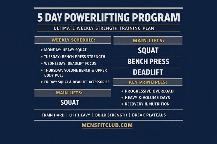 5 day powerlifting program weekly split chart showing Squat, Bench, Deadlift, and accessory days.