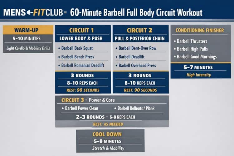 60-minute barbell full body circuit workout plan with exercises, sets, and rest periods.