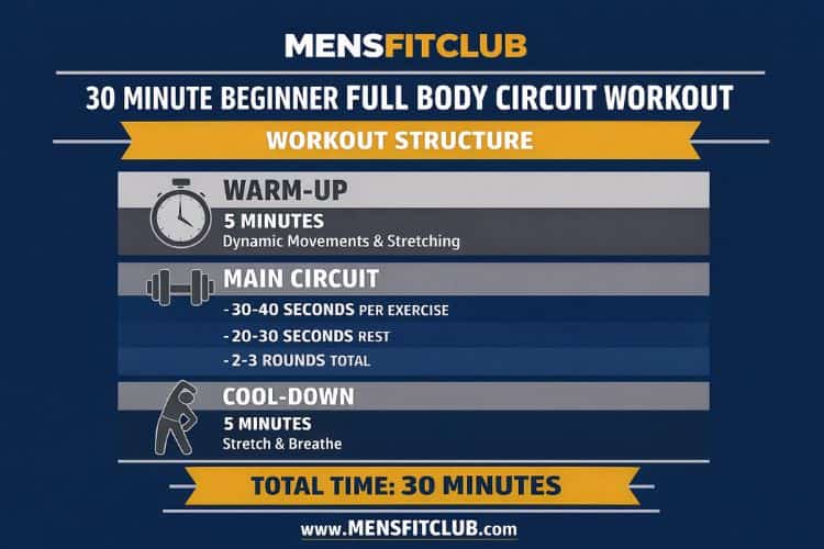 Infographic outlining the complete 30-minute beginner full-body circuit workout flow.