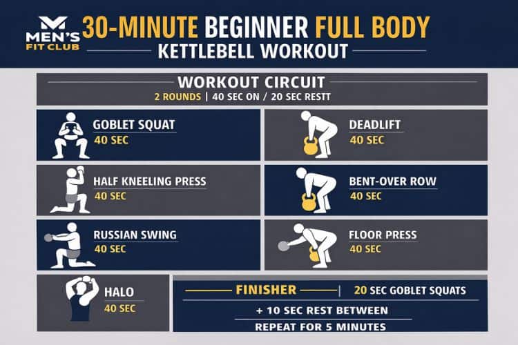 Infographic flowchart of the 30-minute beginner full body kettlebell workout circuit: exercises, sets, and rest periods.