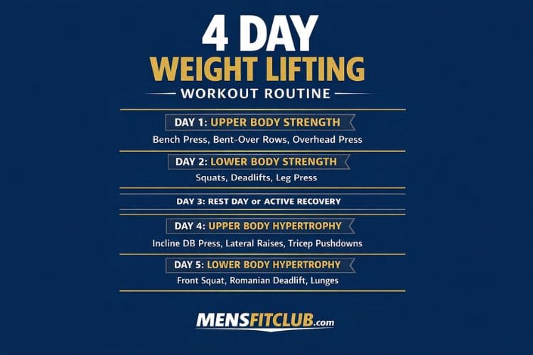 Visual chart of the 4-day weight lifting workout routine split weekly schedule: Day 1 Push, Day 2 Pull, Day 3 Rest, Day 4 Legs, Day 5 Upper Body, Day 6-7 Rest