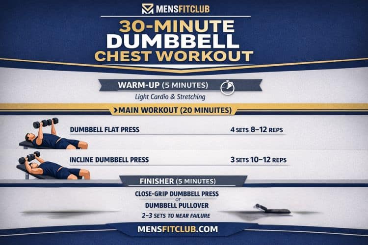 Infographic: 30-minute dumbbell chest workout routine with exercises and sets