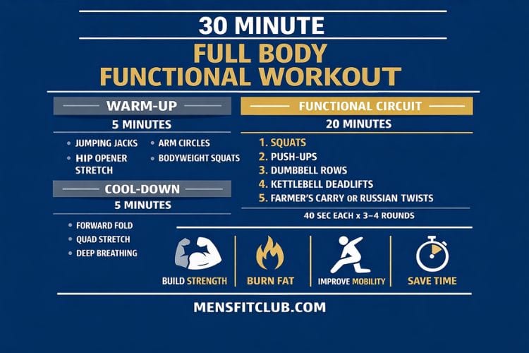 Infographic flowchart of the 30-minute functional workout circuit routine structure and timing