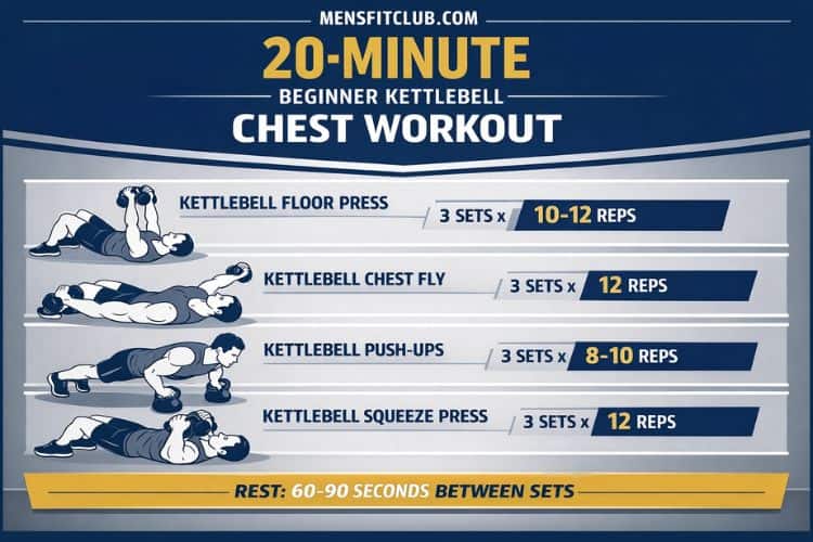 Infographic outlining a 20-minute beginner kettlebell chest workout with exercises, sets, and reps.