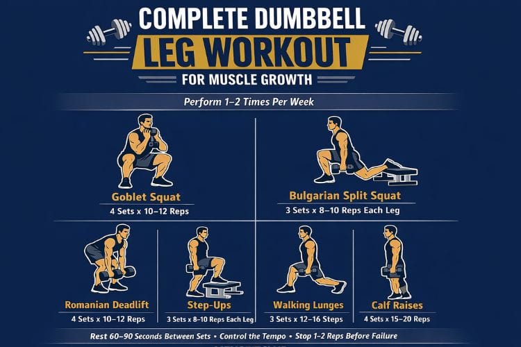 Infographic to build big legs with the complete dumbbell leg workout routine for muscle growth.