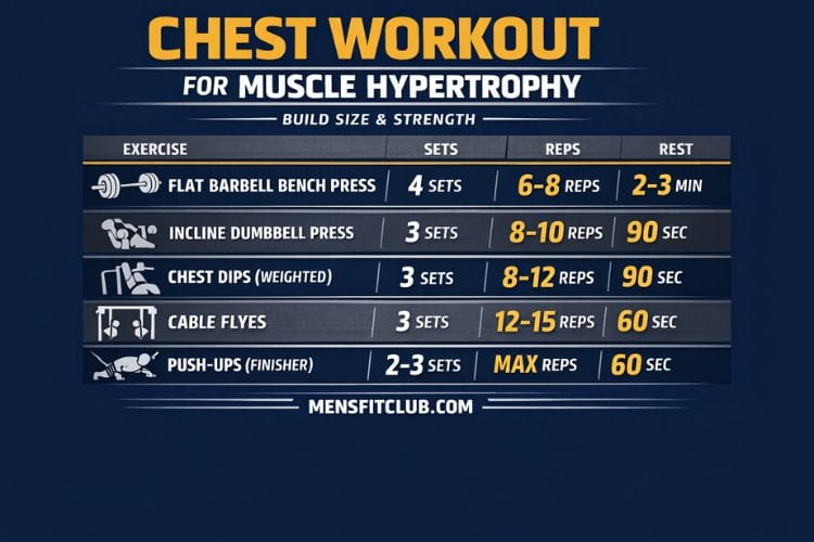 Infographic showing the pectoralis major and minor muscles targeted in a chest hypertrophy workout.