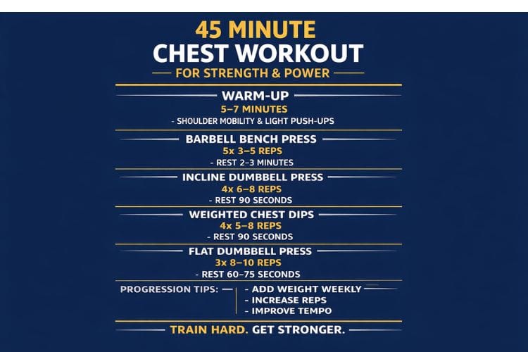 Infographic of the 45-minute chest workout for strength and power: warm-up, compound sets, power movements, cool-down.