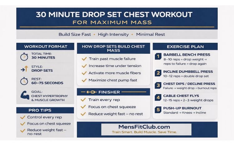 Infographic summarizing the 30-minute drop set chest workout routine for mass and hypertrophy