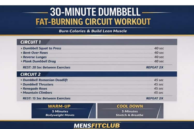 Printable infographic of the full 30-minute dumbbell fat-burning circuit workout with exercises, reps, and rest periods.