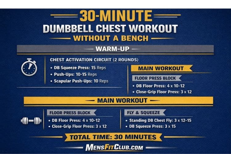Infographic listing the complete 30-minute dumbbell chest workout routine without a bench, including exercises and sets.