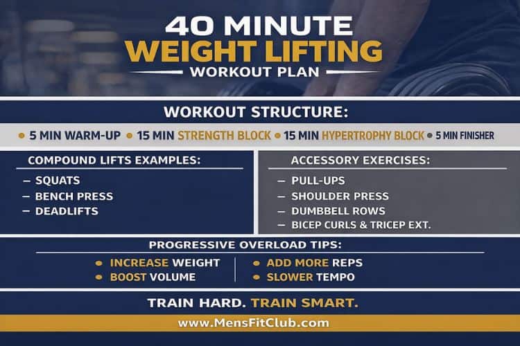 40 minute weight lifting workout plan infographic showing exercises, sets, and reps for a full-body routine