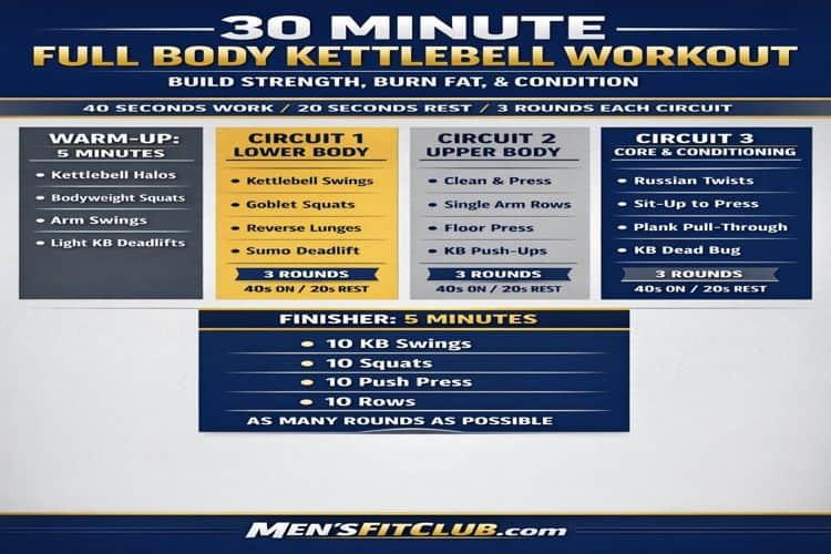 Infographic 30-minute full body kettlebell home workout circuit with exercises, sets, reps, and rest periods.