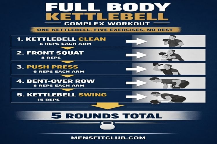 Visual diagram of the full-body kettlebell complex workout order and exercise flow.