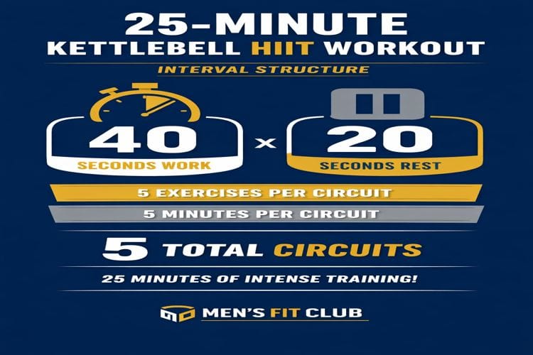Infographic outlining 25 minute full body kettlebell HIIT workout interval timer structure work and rest periods.