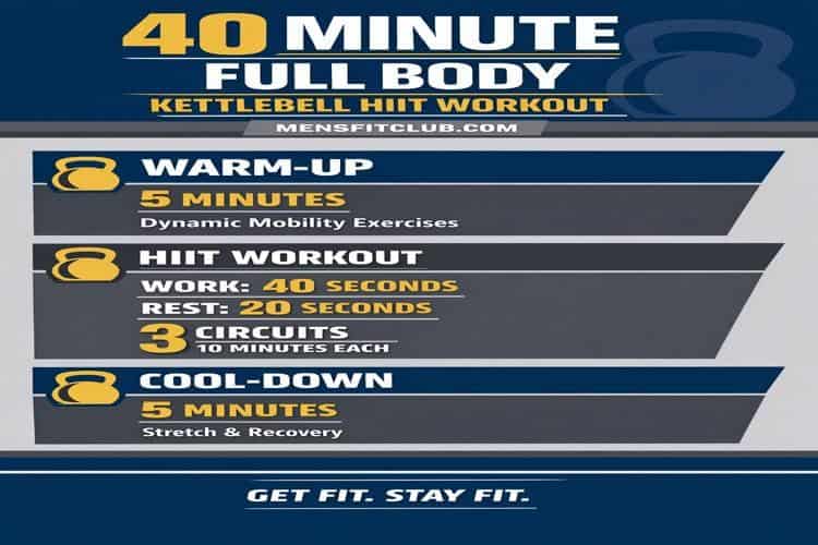 Infographic outlining the 40-minute full body kettlebell HIIT workout structure: warm-up, work/rest intervals, and cool-down.