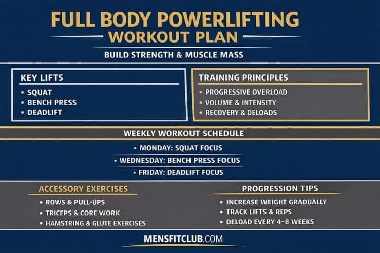 Full body powerlifting workout infographic showing weekly split for squat, bench press, and deadlift.