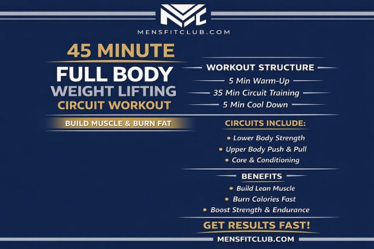 Visual flowchart of the 45-minute full-body weight lifting circuit showing exercise order, sets, and rest periods.