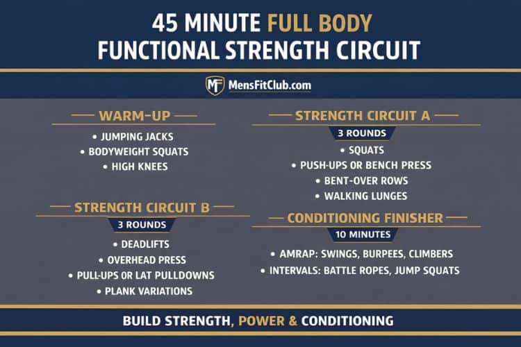Infographic overview of a 45-minute full body functional strength training circuit with exercise icons and time blocks.