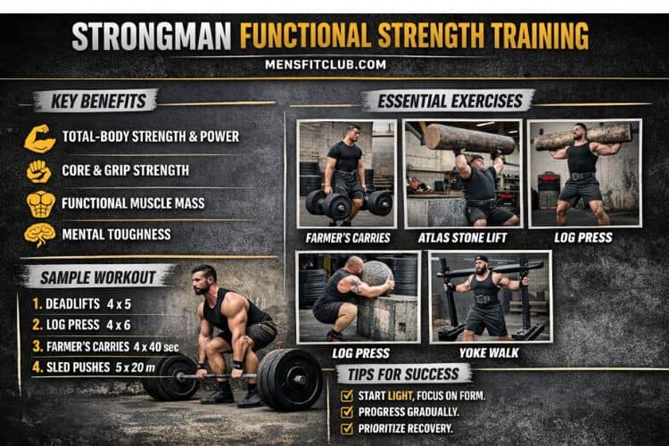 Functional strongman training: Person carrying yoke walk for posterior chain development