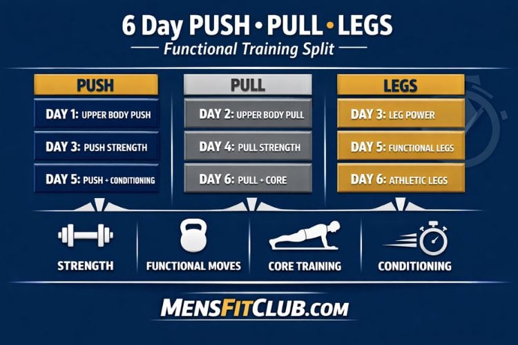 Visual chart of the 6 day push pull legs functional training split workout weekly schedule, showing push day, pull day, legs day, and active recovery.