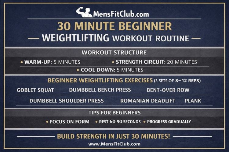 Infographic showing the six essential exercises in the 30-minute beginner weightlifting workout routine: squats, push-ups, rows, shoulder presses, lunges, and planks.
