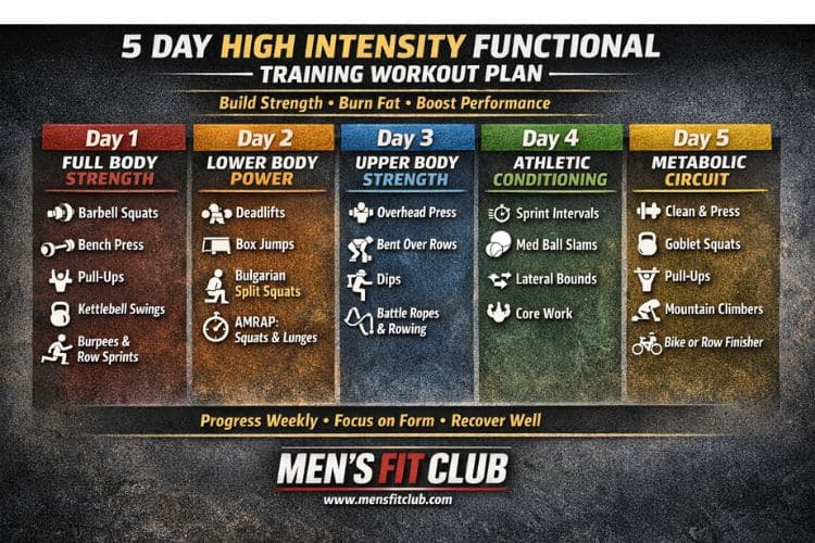 Visual schedule for the 5-day High Intensity functional training split: Day 1 Lower Body Power, Day 2 Upper Body Strength, Day 3 Full Body HIIT, Day 4 Active Recovery, Day 5 Metabolic Conditioning.