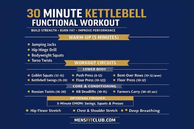 Infographic outlining the 30-minute kettlebell functional workout circuit: warm-up, exercises, sets, reps, and cool-down.