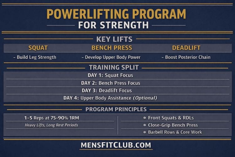 Infographic outlining a 4-week powerlifting mesocycle, showing volume and intensity progression powerlifting program for strength.