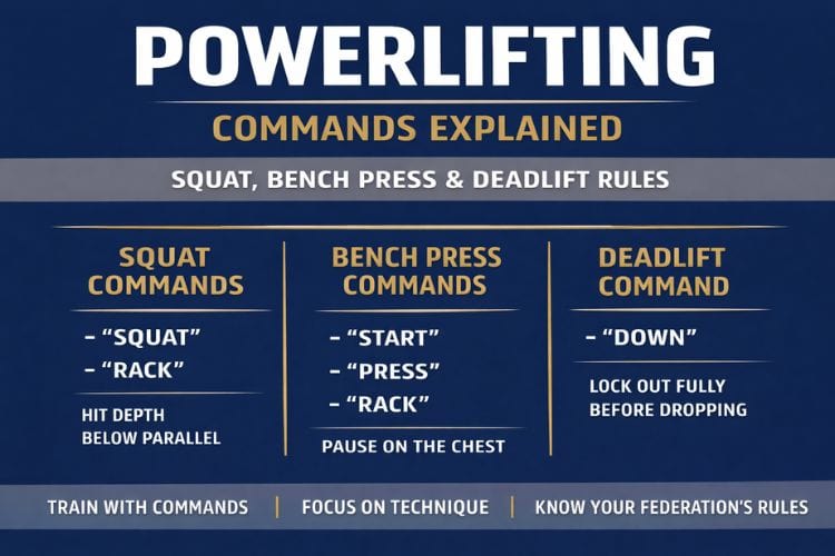 Infographic flowchart: Powerlifting commands for squat, bench, and deadlift with judge cues and lifter actions.