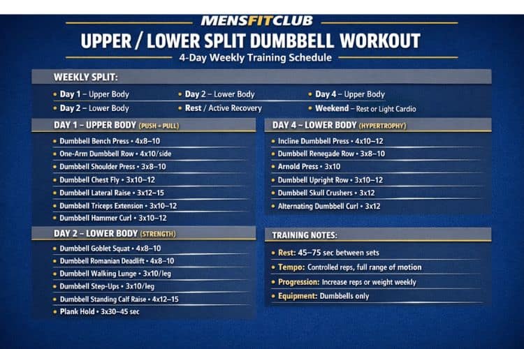 Infographic Upper lower split dumbbell workout plan schedule showing 4-day weekly routine with exercise list.