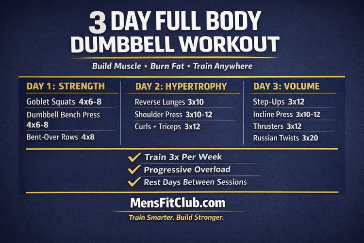 3 day Weekly schedule visual for Monday Wednesday Friday full body dumbbell workout plan