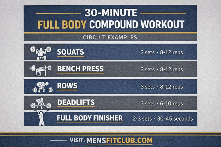 Infographic showing a 30 minute full body compound workout circuit with exercises.