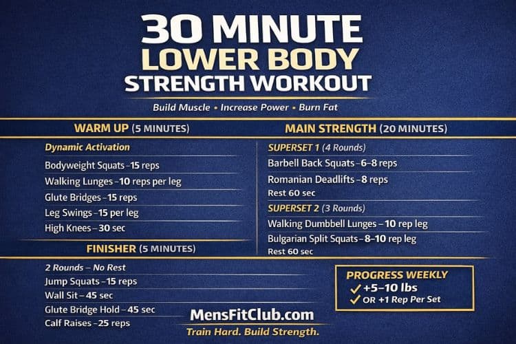 Infographic of 30 minute lower body strength workout set and reps.