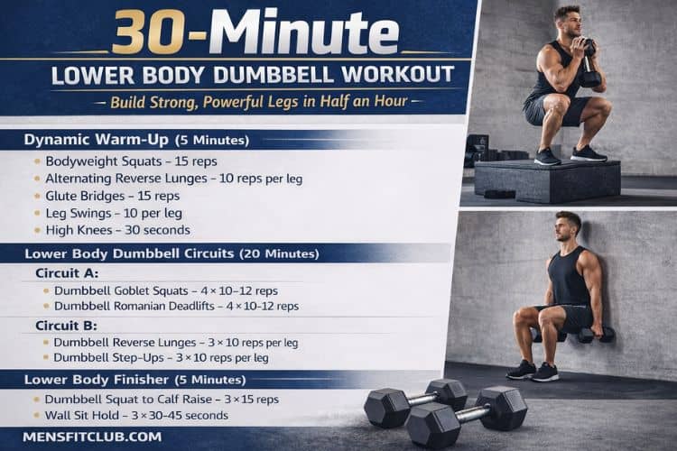 Infographic of 30-minute lower body dumbbell workout set and reps.