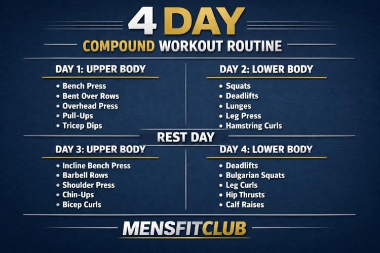 Infographic picture of the the 4 day compound workout routine split into Upper body Lower body workout days.