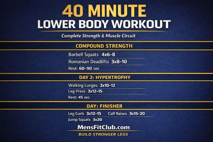 Infographic of 40 minute lower body workout circuit set and reps.