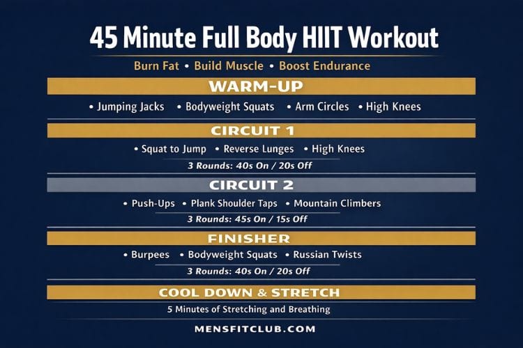 Infographic outlining the 45-minute full body HIIT workout circuit structure.