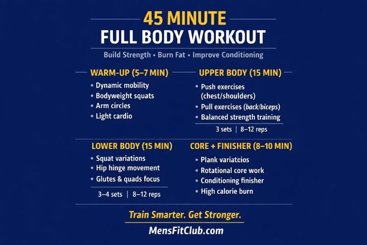Infographic breakdown of a 45-minute full body workout: Timeline shows 5-min warm-up, 30-min strength & cardio circuit, 10-min cool-down with exercise icons and key benefits listed.