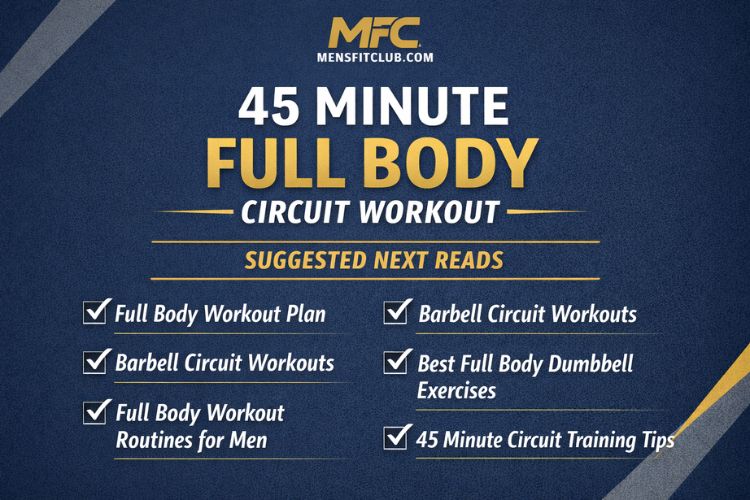 Infographic showing the structure of the 45-minute full-body workout circuit: 5 exercises, 45 seconds work, 15 seconds rest.