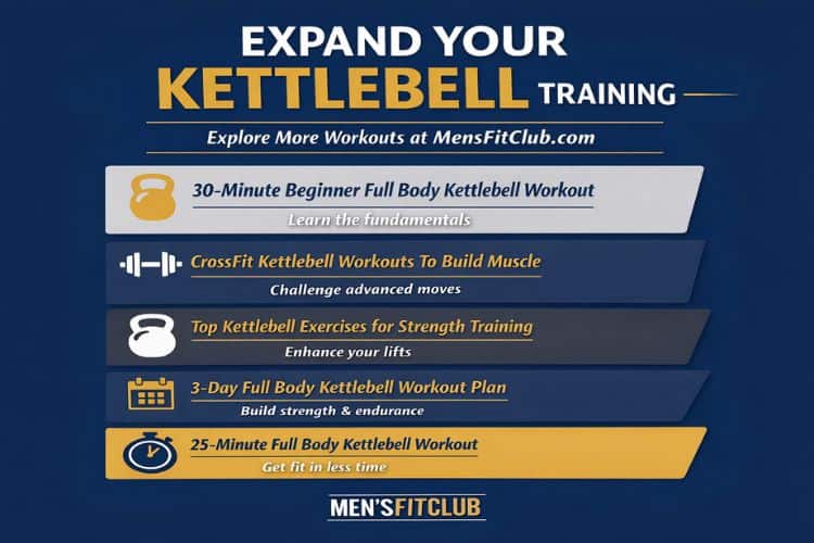 Side-by-side collage showing multiple kettlebell exercises like goblet squats, rows, and presses from the 45 minute full body kettlebell workout routine.