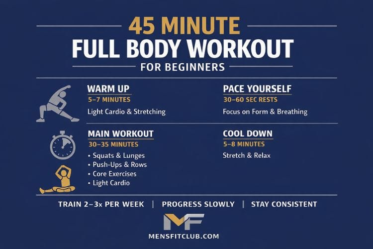 Infographic flowchart of the 45 minute full body workout for beginners workout circuit