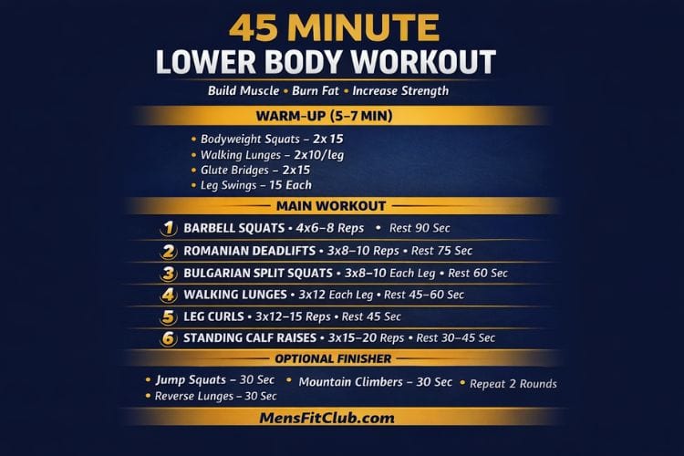 Infographic of 45 minute lower body workout set and reps.
