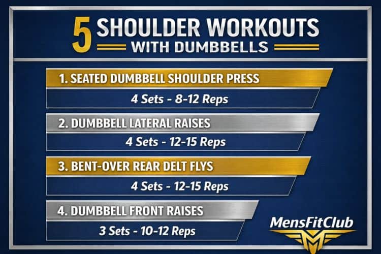 Infographic of 5 shoulder workouts with dumbbells set and reps.