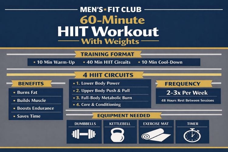 Image of a downloadable 60-minute HIIT workout with weights PDF chart showing exercises, sets, and rest intervals.