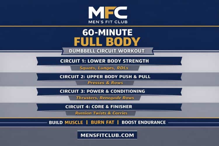 Visual diagram of the 60-minute full body dumbbell circuit workout schedule and exercises
