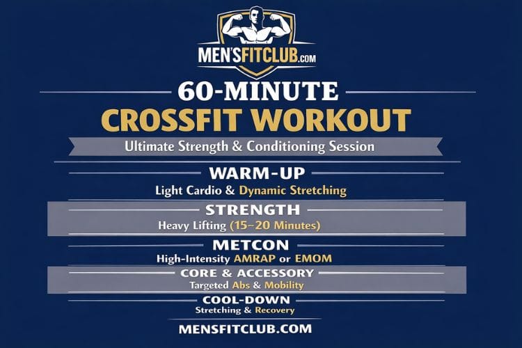 Infographic breakdown of a 60-minute CrossFit workout: 10-min warm-up, 20-min strength, 20-min WOD, 10-min cool-down.