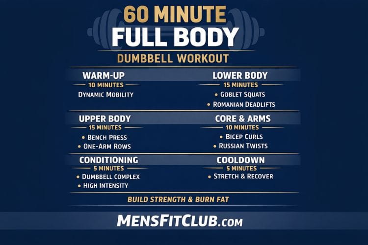 Infographic showing the flow of the 60-minute full body dumbbell workout circuit.